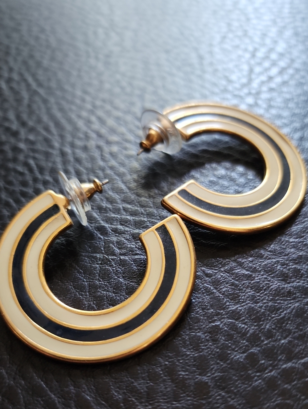 VTG Monet Gold and Black Enamel Hoop Earrings